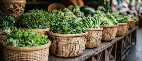 Asian market's fresh greens in baskets, outdoor setting