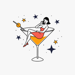 Beautiful girl in cocktail glass isolated on white. Pin up style burlesque dancer holding martini glass vector icon isolated on white background