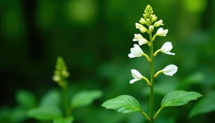 Obraz premium Tall black cohosh plant with white flowers and green foliage against a shaded background, flowering perennial, shade gardening, woodland garden