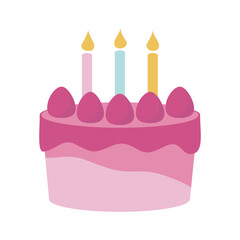 Birthday Cake Celebration: A delightful pink and white birthday cake with three lit candles, symbolizing joy, celebration, and wishes. Perfect for illustrating birthdays, special occasions.