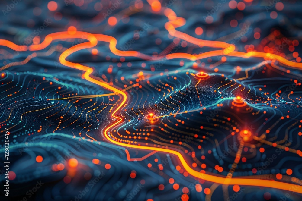 Poster A vibrant digital terrain is depicted with flowing orange lines and bright nodes against a dark background. The intricate patterns suggest a network or data flow, creating a captivating visual effect