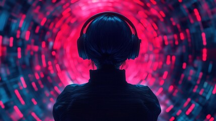 Immersive tech experience exploring digital soundscapes in a neon environment