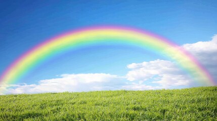 Obraz premium Vibrant Rainbow Over Lush Green Field and Blue Sky