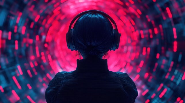 Immersive tech experience exploring digital soundscapes in a neon environment