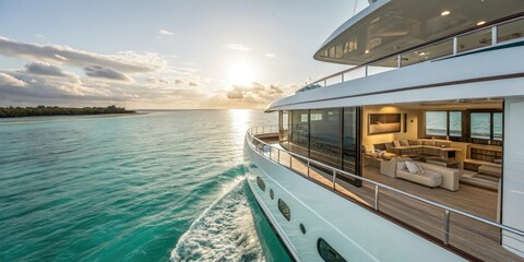 Luxury yacht cruising through calm turquoise waters with a stunning sunlit interior, modern interior design, calming ocean, peaceful atmosphere, sailboat in calm sea