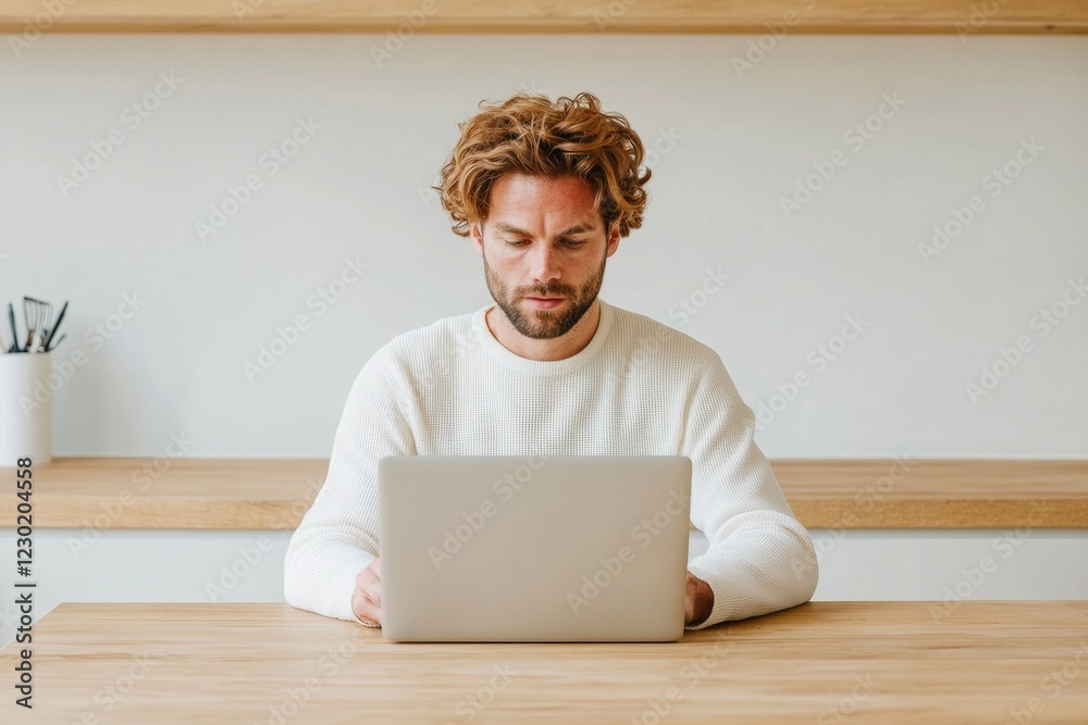 Poster contemporary minimalist workspace white male using pomodoro timer at wooden table for enhanced focus