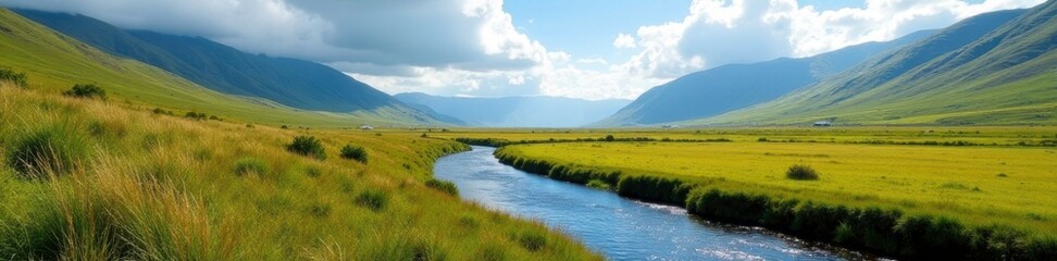 Obraz premium Valle con r?o que se desvanece en el horizonte, paisaje, naturaleza, valle