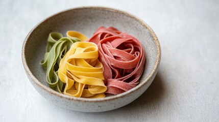 Colorful pasta nests in bowl, kitchen table background, food photography