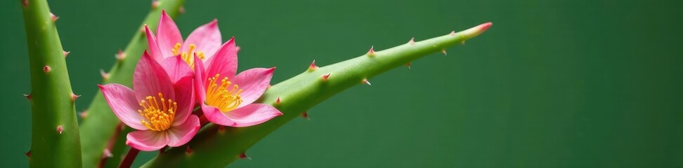 Fototapeta premium Pink Aloe Vera flowers blooming on the green plant stem, botanical, plant, stem