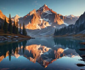 Fototapeta premium Majestic mountain peak reflected in a still lake, majestic, mirror image