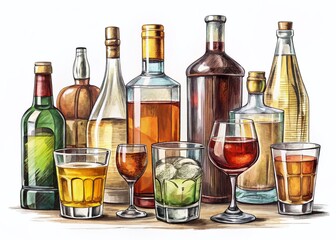 Hand-Drawn Sketch of Alcohol Bottles & Glasses: Bar Menu Design Elements