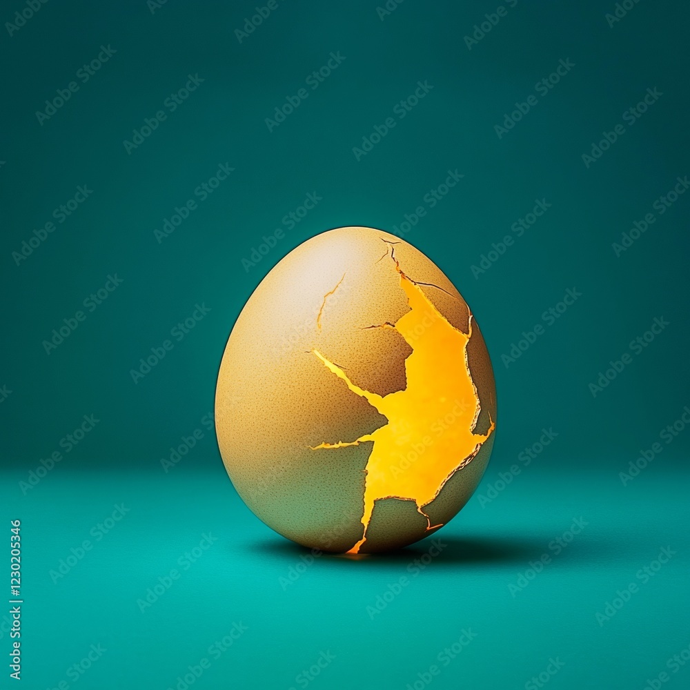Poster surreal golden egg display cracked luminescent egg on teal canvas for artistic retail installations 