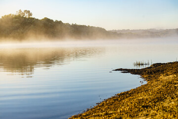 Morning fog over autumn lake water