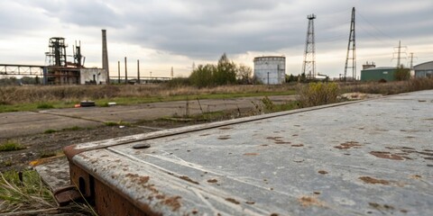 Metal surface with scratches and rust in a post-industrial landscape, decayed, rusty