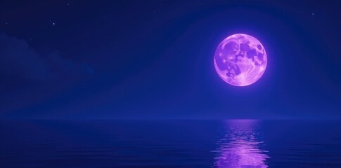 A full purple moon shines brightly in the night sky over a calm and peaceful sea, calmness, peaceful