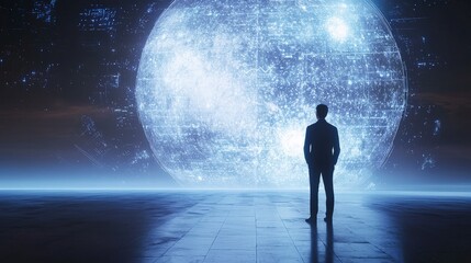 Fototapeta premium Businessperson Standing Before Futuristic Digital Sphere at Night