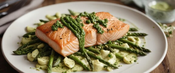 Plate of green asparagus and salmon fillet topped with wild garlic pesto sauce, modern, elegant, natural, luxury, dietetic