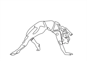 Continuous line drawing of a woman in a yoga pose, representing relaxation and fitness. Vector art focused on health and meditation, isolated on a white background.	