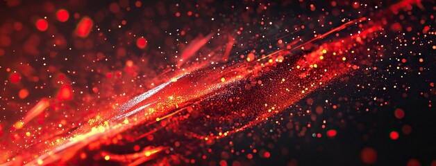 Obraz premium Red and orange background with abstract glowing particles for a fire effect. Vector illustration of burning embers, sparks, or smoke on a dark backdrop. Firework effect.
