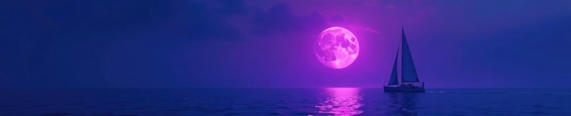A lone sailboat rides beneath a majestic purple moon hanging low in the sky, sea, majestic
