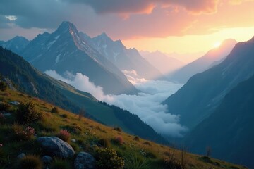 A misty morning on a mountain slope with a glimpse of a distant galaxy, mystical, mountains