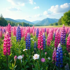 Fototapeta premium A peaceful Lupine Field with a few wildflowers and grasses swaying in the breeze, grasslands, wildflowers