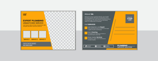 new modern plumbing Postcard Template Design, Simple and Clean Modern Minimal Postcard Template, plumber Postcard, plumber marketing card, plumbing promotion card.