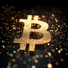 Golden Bitcoin Symbol Amidst Golden Sparkles and Digital Effects