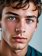 A close-up portrait of a young man with curly hair and blue eyes and looking directly at the viewer