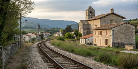 Obraz premium Railway tracks leading to a picturesque countryside village with old stone buildings and a church, landscape, scenic views