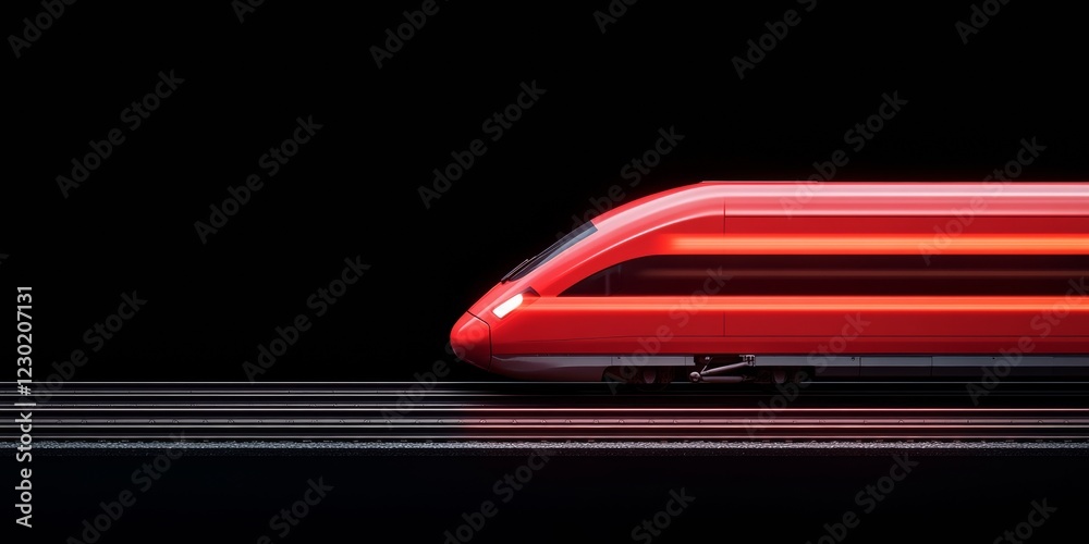 Poster Sleek High-Speed Train in Motion Metallic Red Finish on Modern Rails - Promoting Efficient Urban Transit and Connectivity with Dynamic Design for Commuters and Business Travel