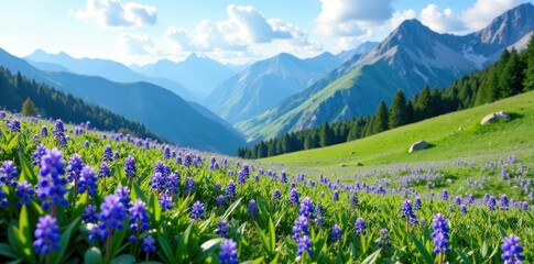 Colorful bluebells carpet the mountain meadow, meadow, landscape