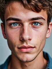 Obraz premium A close-up portrait of a young man with curly hair and blue eyes and looking directly at the viewer