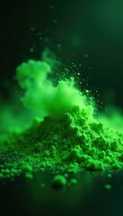 Cosmic haze envelops green powder on a dark background, green powders, space mist, glowing grains