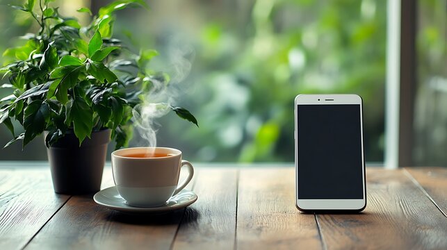 Tea, phone on wooden table, indoor, with greenery