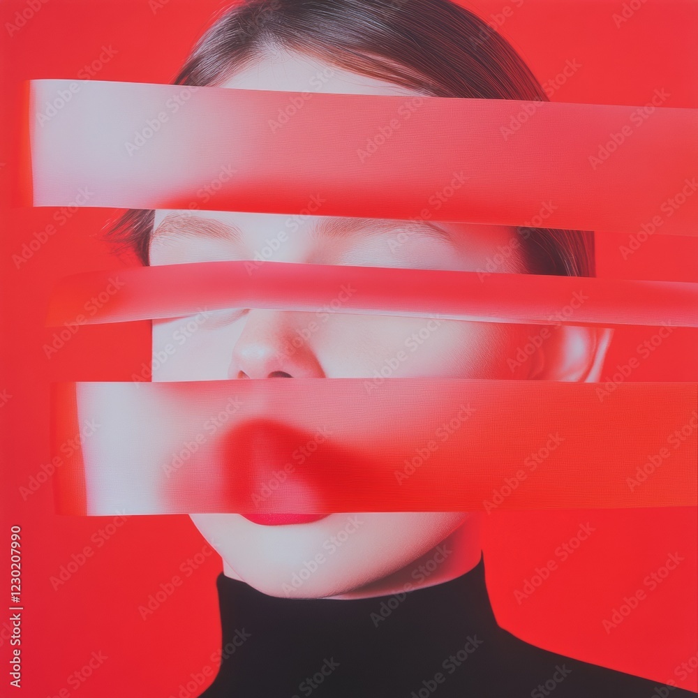 Poster abstract red ribbon portrait contemporary art on textured canvas - visual branding and emotional exp