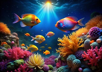 Obraz premium Happy Fish Family Swimming in Low Light Underwater Scene - Stock Photo