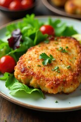 Crispily fried chicken chop with fresh mixed greens and cherry tomatoes, plate, healthy