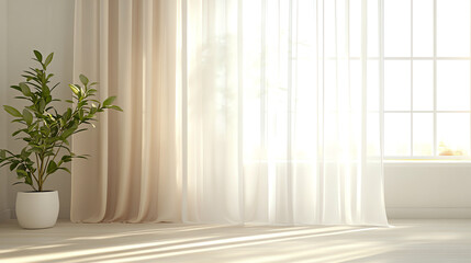 Elegant sheer curtains with ombre shading from white to beige hanging in a luxurious white room side view showcasing subtle color transitions robotic tone splitcomplementary color