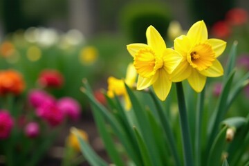 Daffodil blooms in a garden with other flowers, garden beds, garden