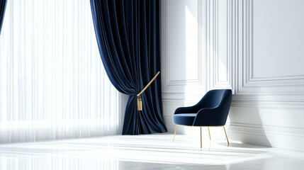 Luxurious velvet curtains in deep navy with gold tiebacks placed in an elegant white room side view highlighting sophistication futuristic tone complementary color scheme