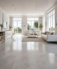 Fototapeta premium Open floor plan with minimalist white furniture, natural light, white furniture, calm atmosphere
