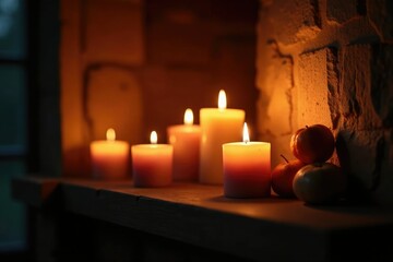 Flickering candlelight on the fireplace mantel, gentle, warmth, soft