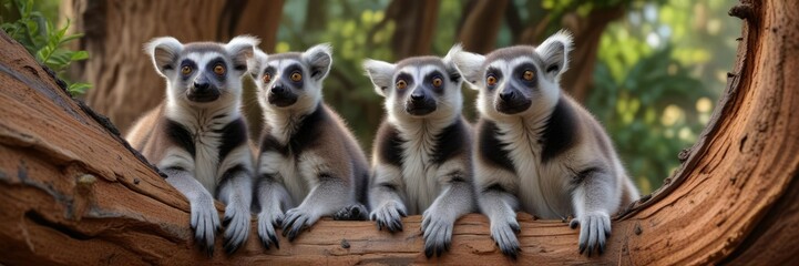 Obraz premium Ring tailed lemurs exploring the nooks and crannies of a large tree trunk , wildlife, explore, trunk