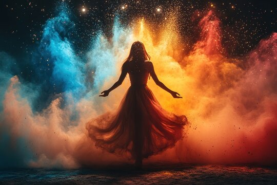 Mystical dancer surrounded by vibrant clouds of colored powder in a dramatic night atmosphere