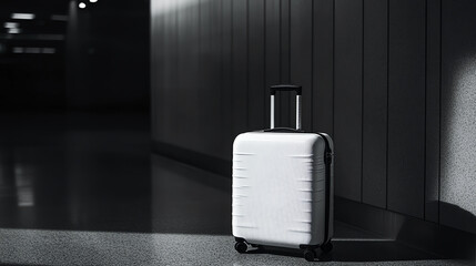 A minimalist suitcase with a sleek design sitting alone in a quiet airport corner under soft lighting front view emphasizing simplicity scifi tone black and white