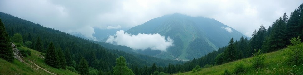 Fog rolling in over the forest of Volosyanaya mountain, wilderness, rugged