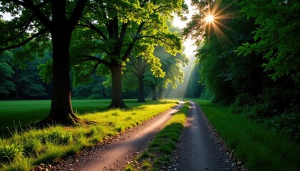 Fototapeta premium Overcast sky casts long shadows on the forest path, tree branches, shadow