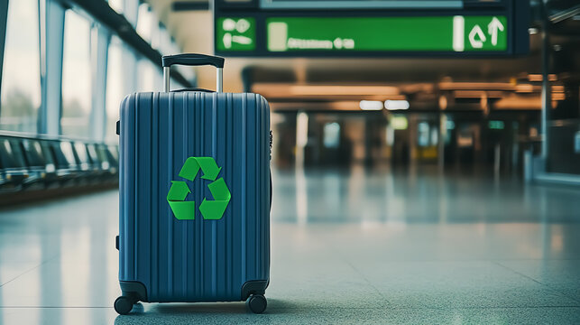 An ecofriendly suitcase made of recycled materials placed in front of a green sustainability sign in an airport terminal front view emphasizing environmental awareness futuristic t - Powered by Adobe