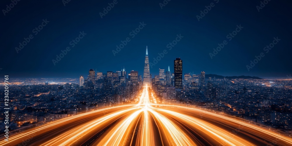 Leinwandbilder Futuristic Cityscape Illuminated Pathways of Digital Skyline - Smart Infrastructure Visualization for Urban Tech Regulations and Ethical AI Integration